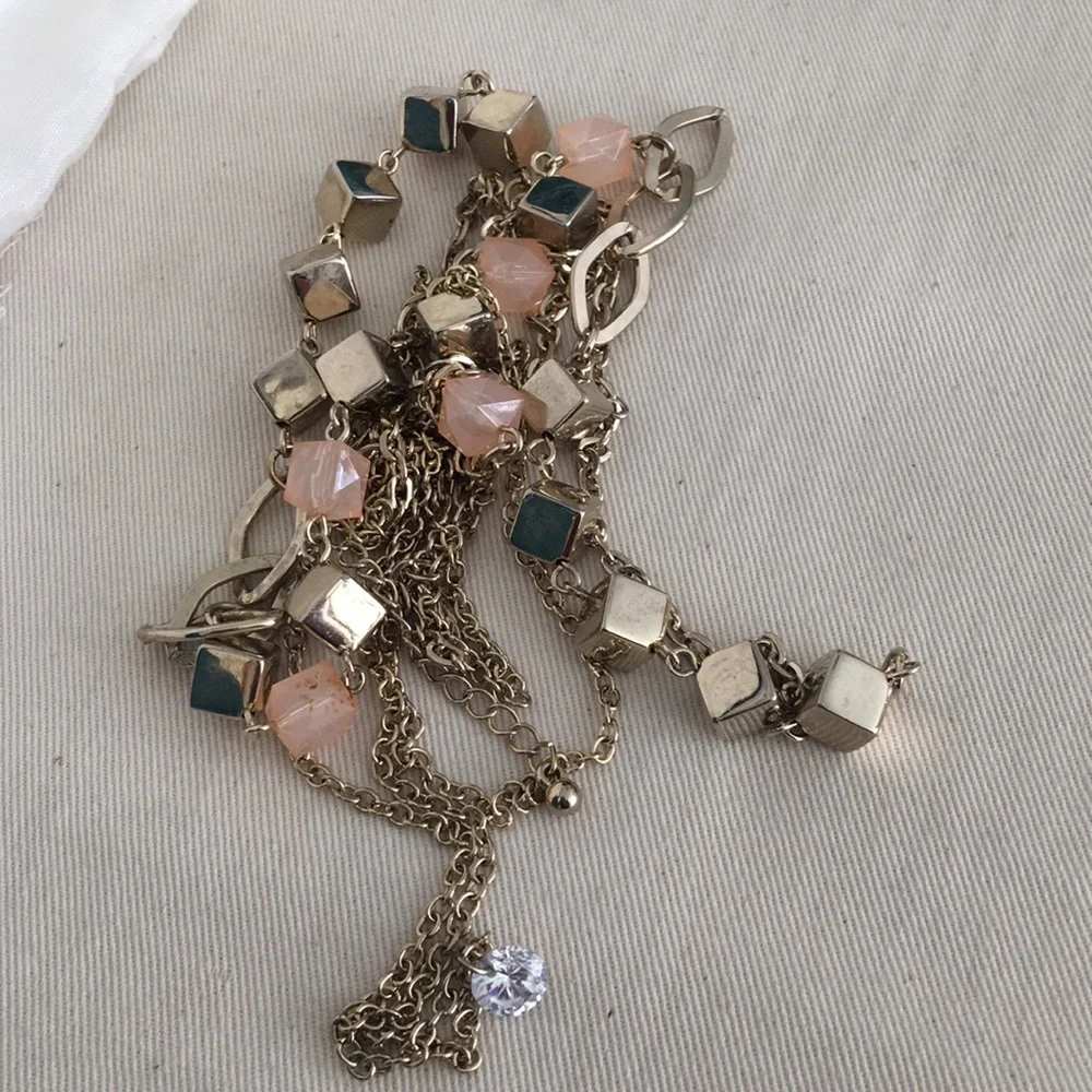 Long dual strand gold necklace with faux diamond - Picture 3 of 4